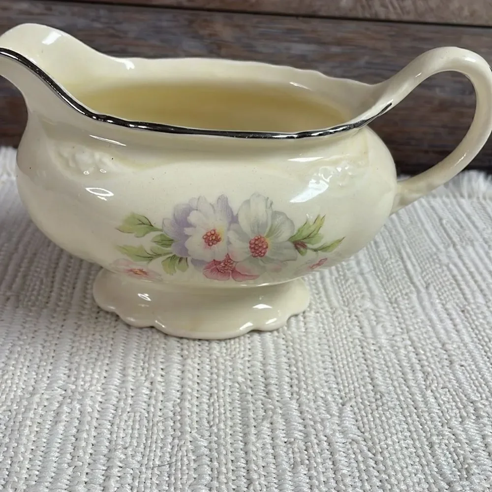 Creamer China Pitcher Fluffy Rose 1 (Platinum Trim) by HOMER LAUGHLIN